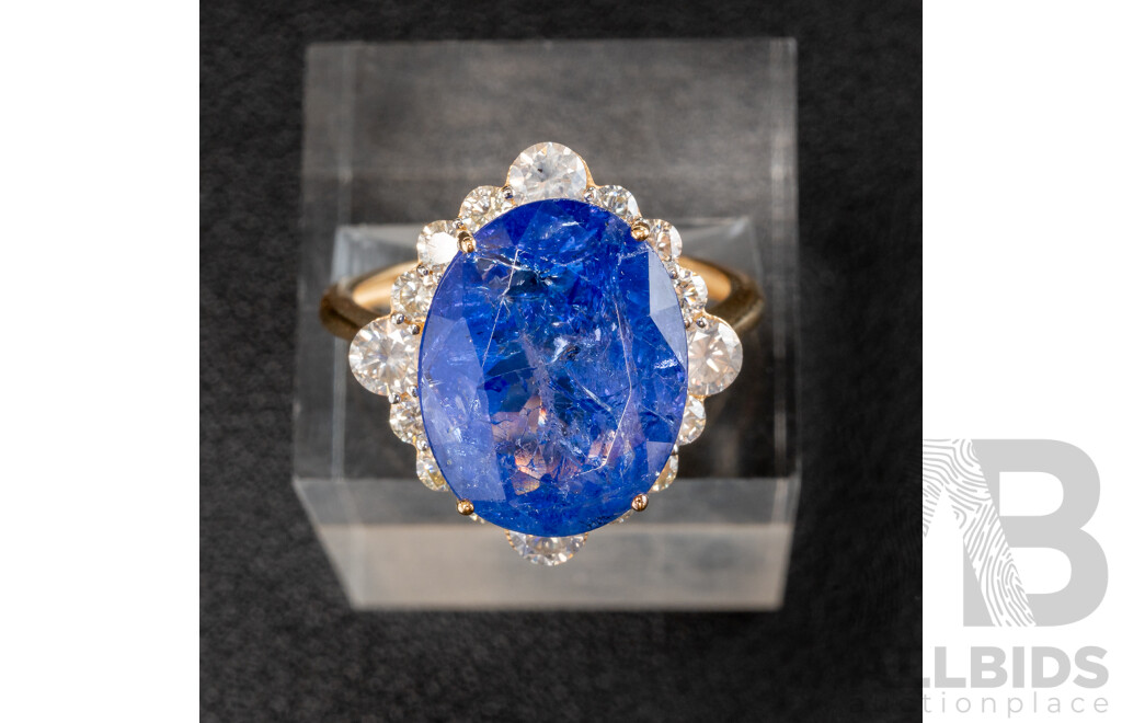 NEW - 14ct Yellow Gold Tanzanite & Diamond Cocktail Ring, T10.71ct/TDW1.25ct, Size Q, 6.31 Grams