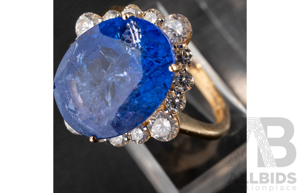 NEW - 14ct Yellow Gold Tanzanite & Diamond Cocktail Ring, T10.71ct/TDW1.25ct, Size Q, 6.31 Grams