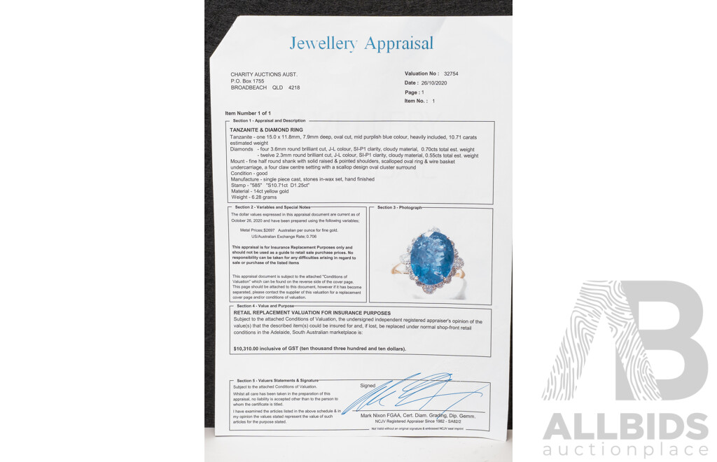 NEW - 14ct Yellow Gold Tanzanite & Diamond Cocktail Ring, T10.71ct/TDW1.25ct, Size Q, 6.31 Grams