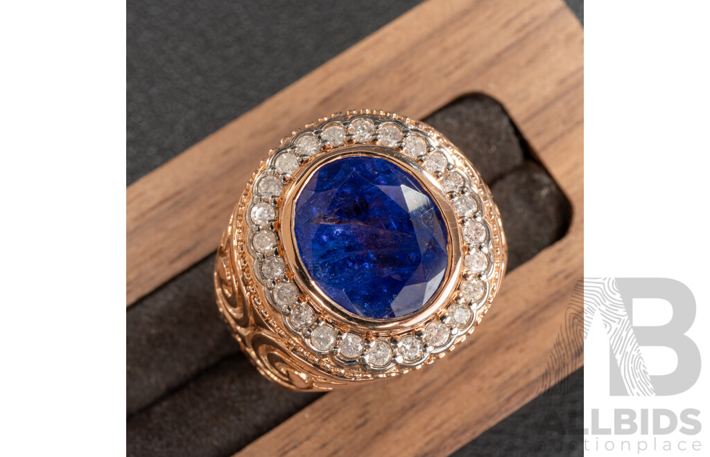 NEW - 14ct Rose Gold Tanzanite & Diamond Mens Ring, T4.92ct/TDW0.44ct, Size Q, 11.47 Grams