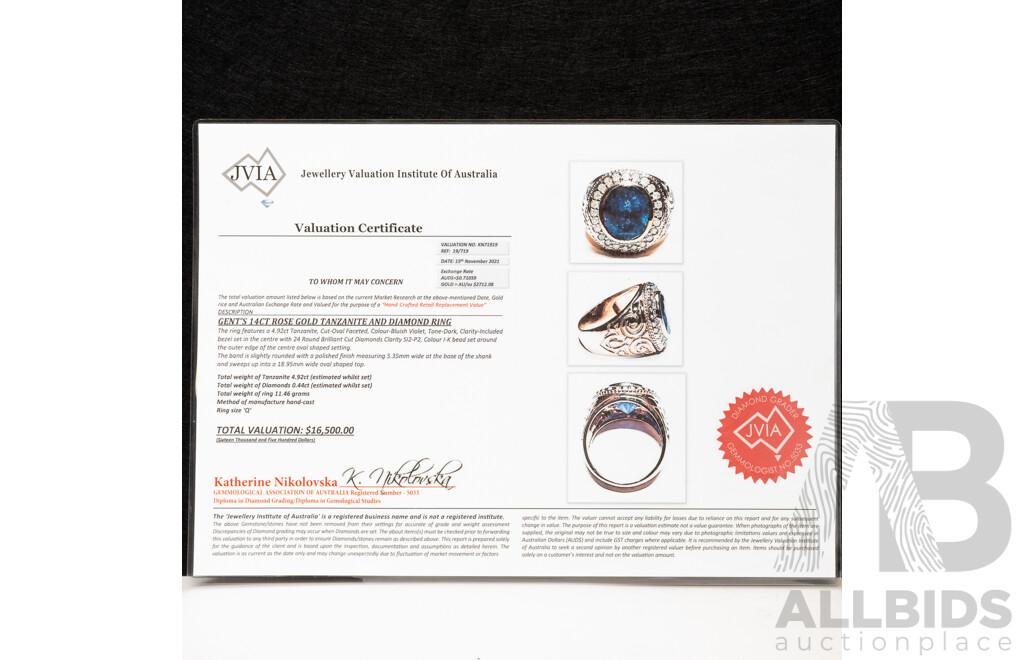 NEW - 14ct Rose Gold Tanzanite & Diamond Mens Ring, T4.92ct/TDW0.44ct, Size Q, 11.47 Grams