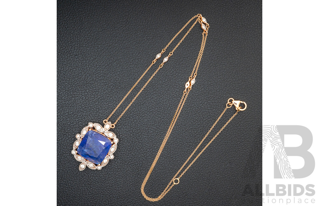 NEW - 14ct Rose Gold Tanzanite & Diamond Pendant on Fixed Diamond Set Necklace, T16.22ct/TDW0.50ct, 50cm, 8.87 Grams
