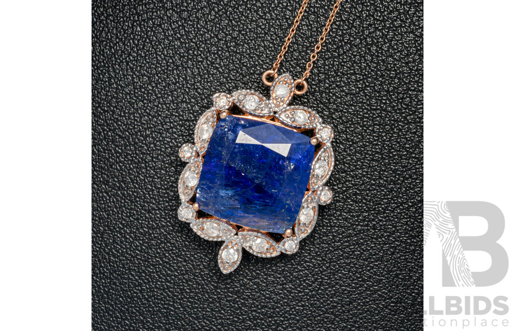 NEW - 14ct Rose Gold Tanzanite & Diamond Pendant on Fixed Diamond Set Necklace, T16.22ct/TDW0.50ct, 50cm, 8.87 Grams