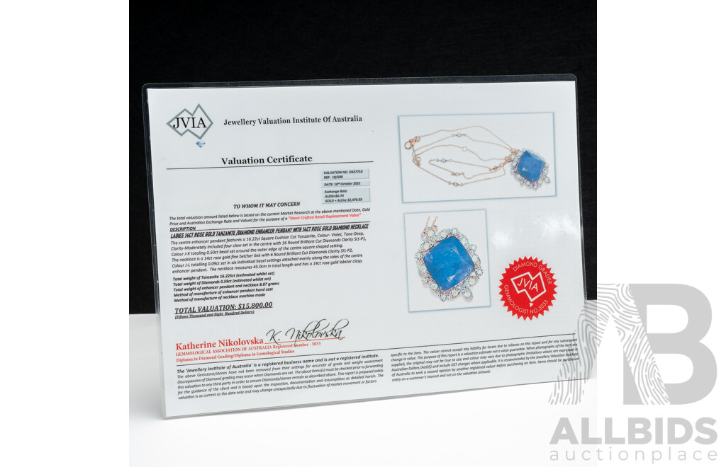 NEW - 14ct Rose Gold Tanzanite & Diamond Pendant on Fixed Diamond Set Necklace, T16.22ct/TDW0.50ct, 50cm, 8.87 Grams
