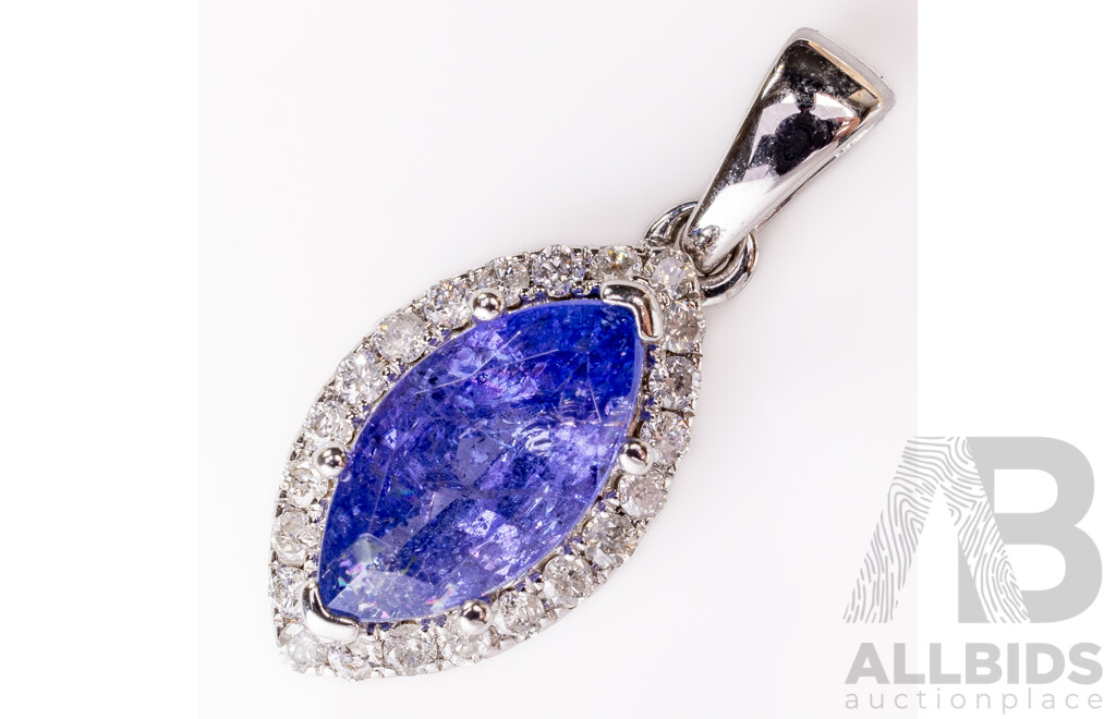NEW - 14ct Tanzanite & Diamond Halo Pendant, S1.37ct/TDW0.18ct, 20mm, 1.26 Grams