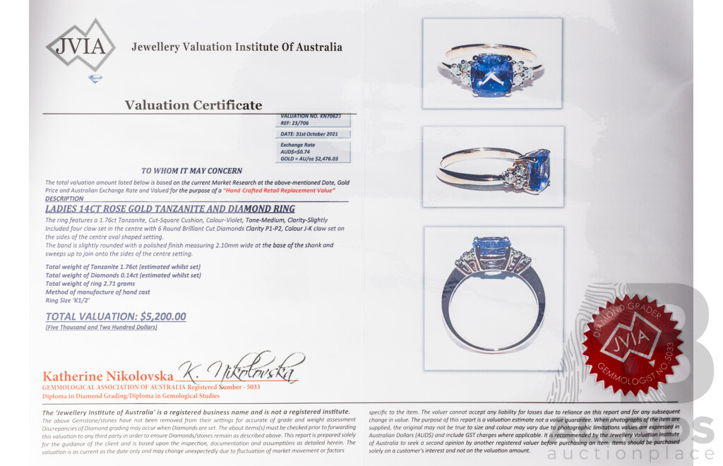 NEW - 14ct Rose Gold Tanzanite & Diamond Ring, S1.76ct/TDW0.14ct, Size L, 2.73 Grams