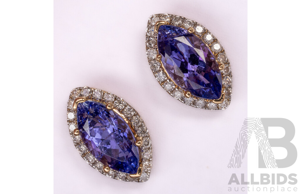 NEW - 14ct Yellow Gold Tanzanite & Diamond Halo Stud Earrings, S2.93ct/TDW0.34ct, 2.39 Grams