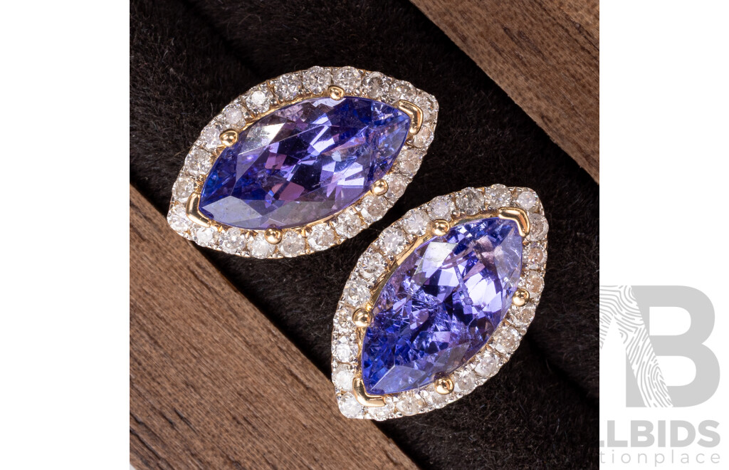 NEW - 14ct Yellow Gold Tanzanite & Diamond Halo Stud Earrings, S2.93ct/TDW0.34ct, 2.39 Grams