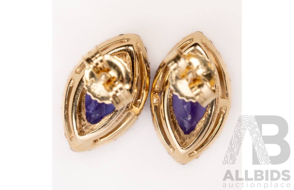 NEW - 14ct Yellow Gold Tanzanite & Diamond Halo Stud Earrings, S2.93ct/TDW0.34ct, 2.39 Grams
