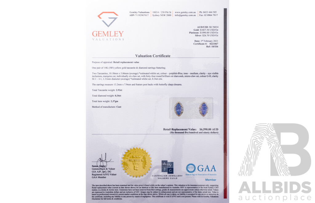 NEW - 14ct Yellow Gold Tanzanite & Diamond Halo Stud Earrings, S2.93ct/TDW0.34ct, 2.39 Grams