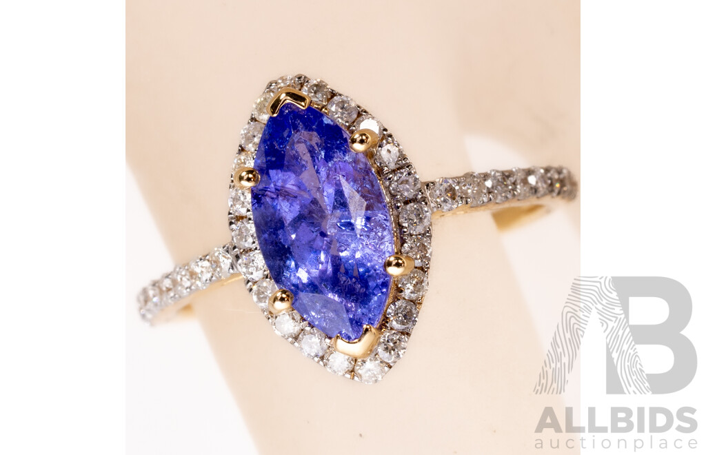 NEW - 14ct Yellow Gold Tanzanite & Diamond Halo Ring, S1.31ct/TDW0.37ct, Size L, 2.10 Grams