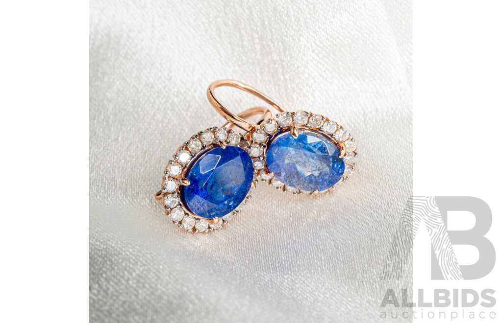 NEW - 14ct Rose Gold Tanzanite & Diamond Drop Earrings, T5.36ct/TDW0.64ct, 18mm Long, 3.84 Grams