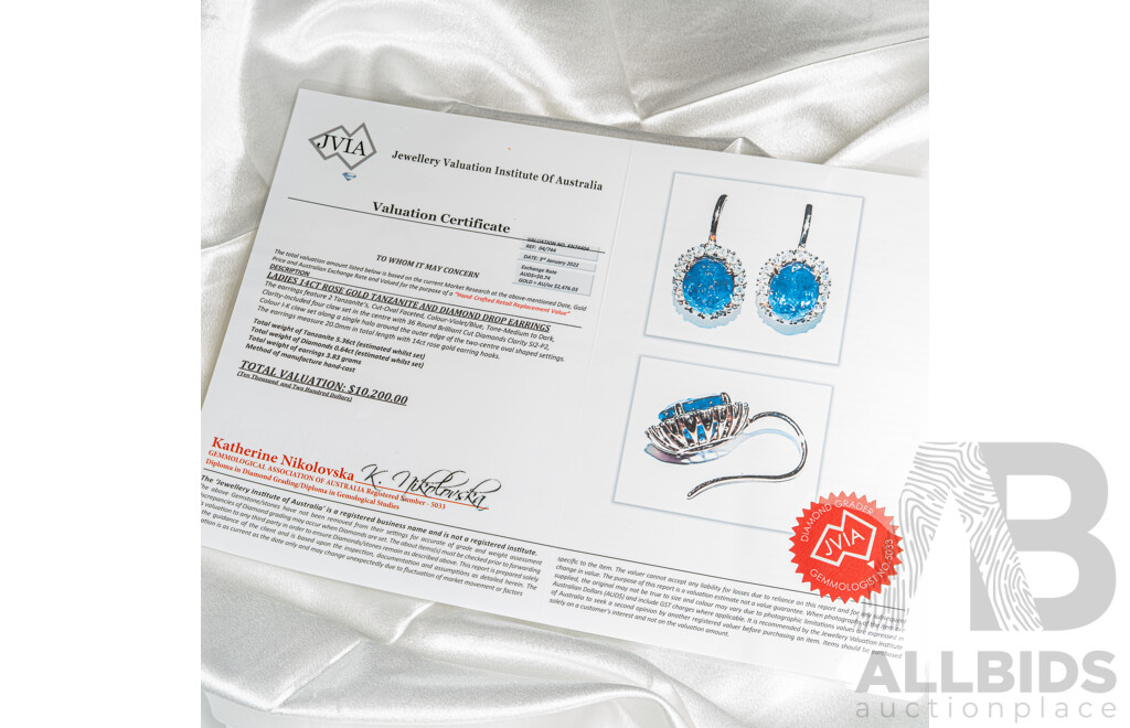 NEW - 14ct Rose Gold Tanzanite & Diamond Drop Earrings, T5.36ct/TDW0.64ct, 18mm Long, 3.84 Grams