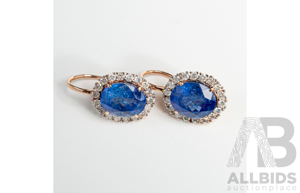 NEW - 14ct Rose Gold Tanzanite & Diamond Drop Earrings, T5.36ct/TDW0.64ct, 18mm Long, 3.84 Grams