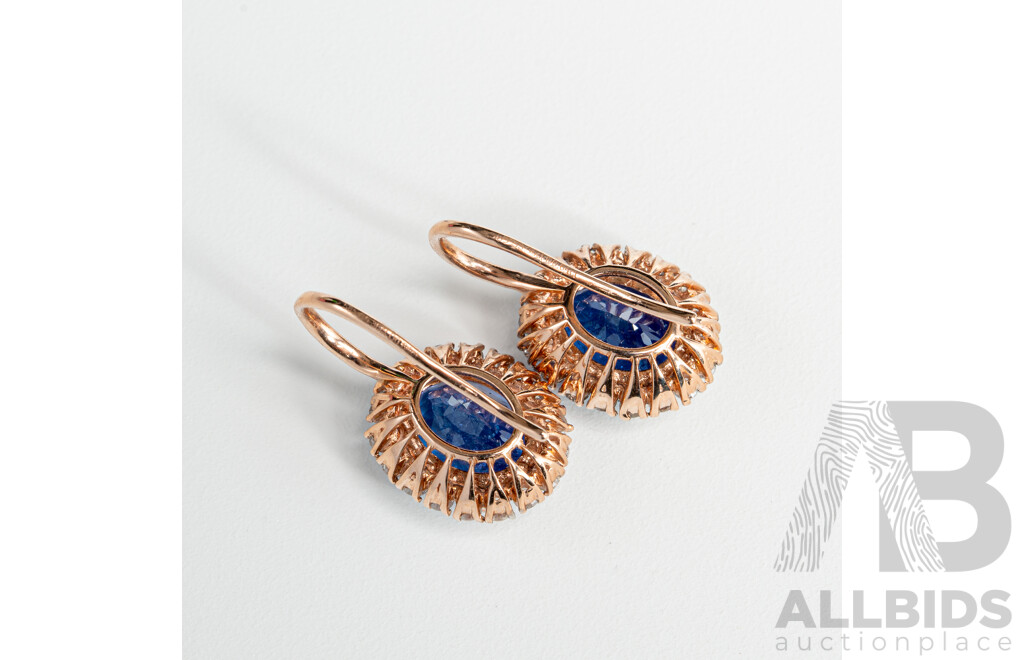 NEW - 14ct Rose Gold Tanzanite & Diamond Drop Earrings, T5.36ct/TDW0.64ct, 18mm Long, 3.84 Grams