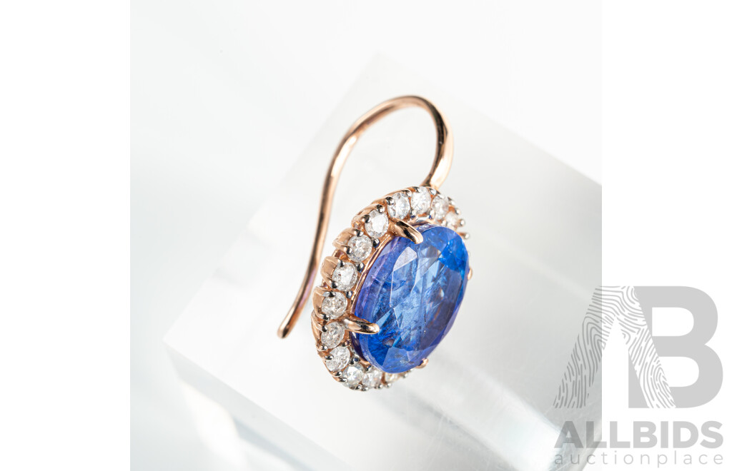 NEW - 14ct Rose Gold Tanzanite & Diamond Drop Earrings, T5.36ct/TDW0.64ct, 18mm Long, 3.84 Grams