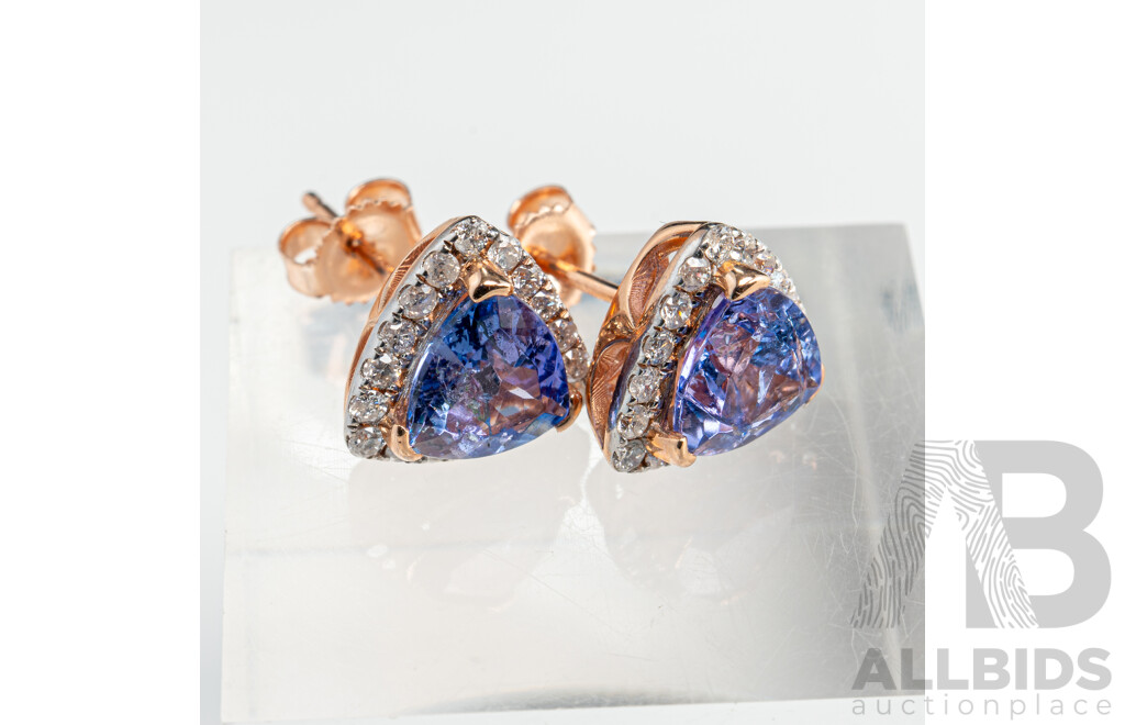 NEW - 14ct Rose Gold Tanzanite & Diamond Stud Earrings, T2.16ct/TDW0.34ct, 9.4mm, 2.37 Grams