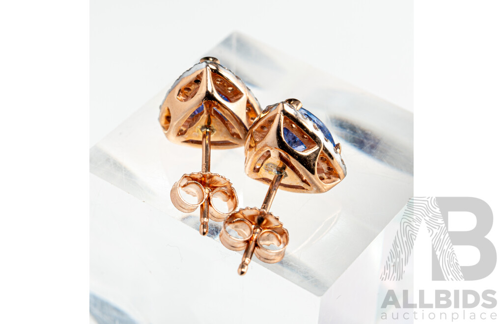 NEW - 14ct Rose Gold Tanzanite & Diamond Stud Earrings, T2.16ct/TDW0.34ct, 9.4mm, 2.37 Grams