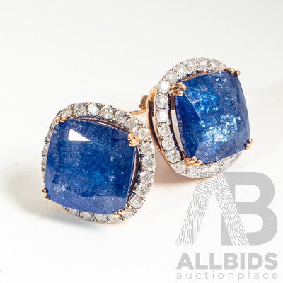 NEW - 14ct Rose Gold Tanzanite & Diamond Halo Stud Earrings, T21.23ct/TDW1.44ct, 18mm, 9.76 Grams