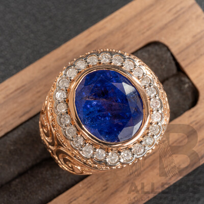NEW - 14ct Rose Gold Tanzanite & Diamond Mens Ring, T4.92ct/TDW0.44ct, Size Q, 11.47 Grams