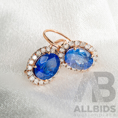 NEW - 14ct Rose Gold Tanzanite & Diamond Drop Earrings, T5.36ct/TDW0.64ct, 18mm Long, 3.84 Grams