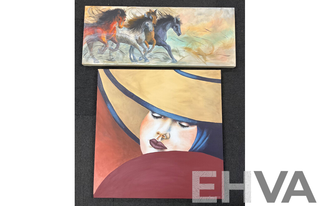 Unknow Artist, Acrylic on Canvas, 61 X 61 Cm (frame) and  30 X 76 Cm (frame) - Lot of 2