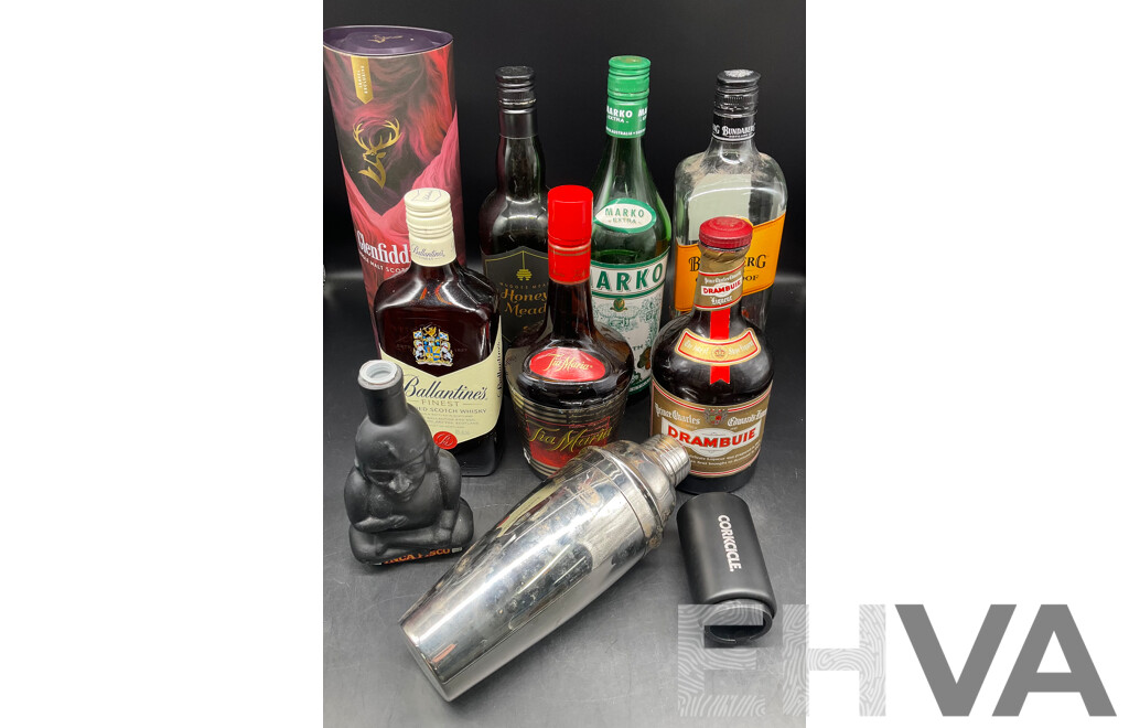 Assorted Spirits - BALLANTINES, MARKO, TIA MARIA, DRAMBUIE, GLENFIDDICH and More - ALL OPENED BOTTLES  - Lot of 10