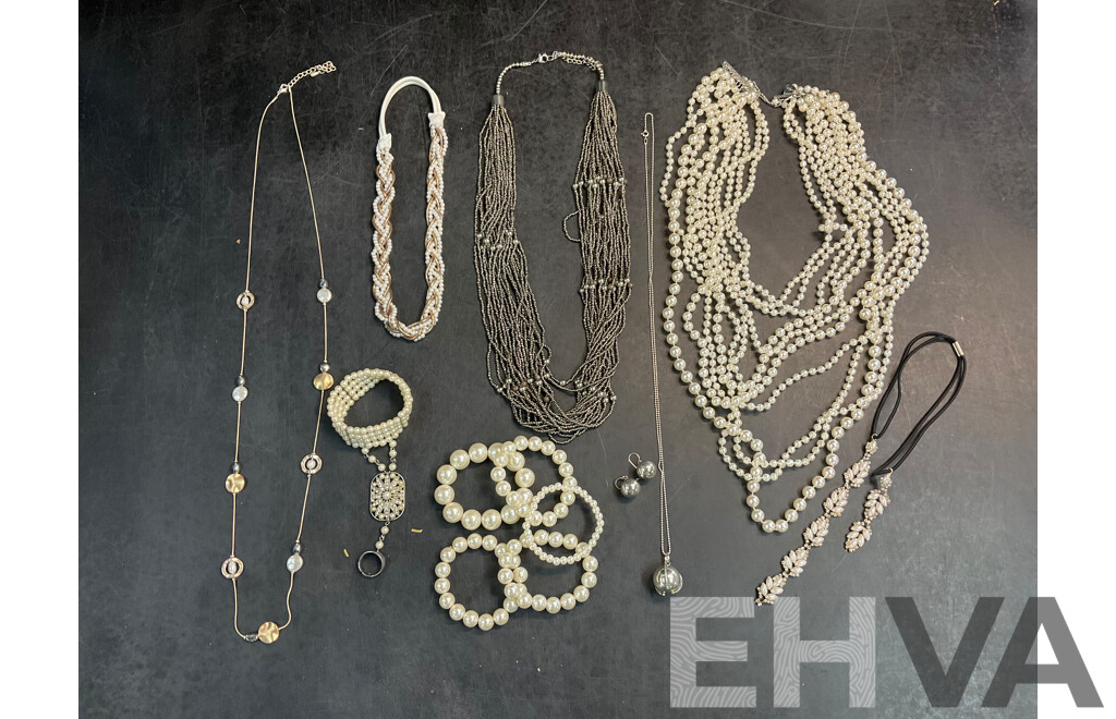 Assorted Costume Necklaces, Bracelets and Earrings - Faux Perl  - Lot of 13