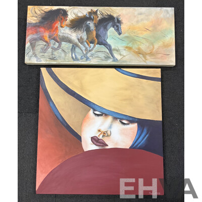 Unknow Artist, Acrylic on Canvas, 61 X 61 Cm (frame) and  30 X 76 Cm (frame) - Lot of 2