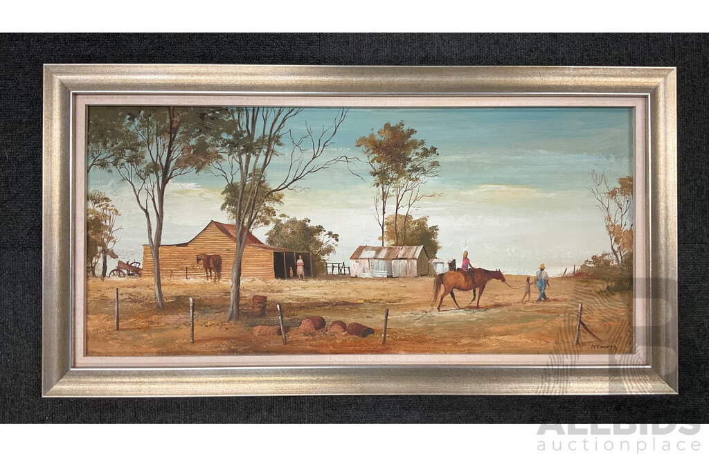 Stewart McKenzie Cullen, (20th Century, British-Born Australian, 1933-) 'Living on Farm ,' (1973), Oil on Board, 33 X 64 Cm (frame)