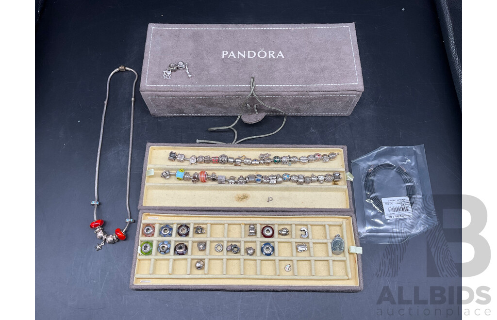 PANDORA Sterling Silver Collection - 2x Bracelet, 2x Necklace,  60x Charm and Storage Box - Lot of 65