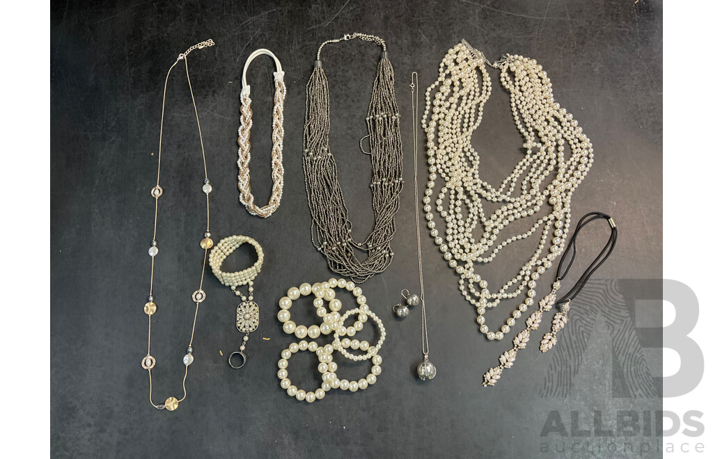 Assorted Costume Necklaces, Bracelets and Earrings - Faux Perl  - Lot of 13