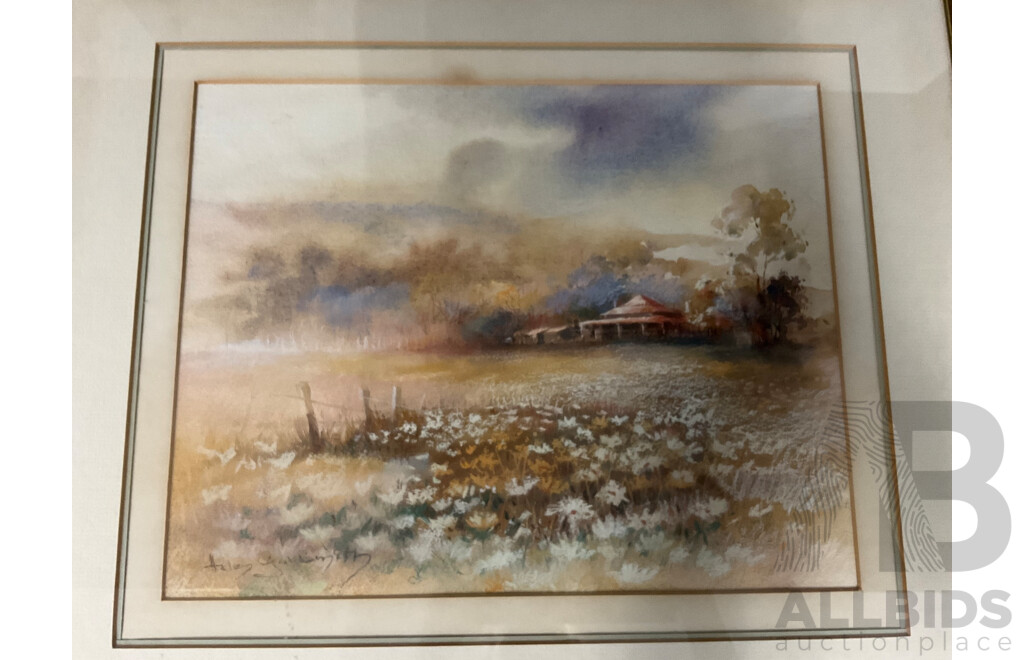 Helen Goldsmith, (1937-) 'Farmstay ', Mix Oil - Pastel and Watercolor on Paper, Glass, 50 X 57 Cm (frame)