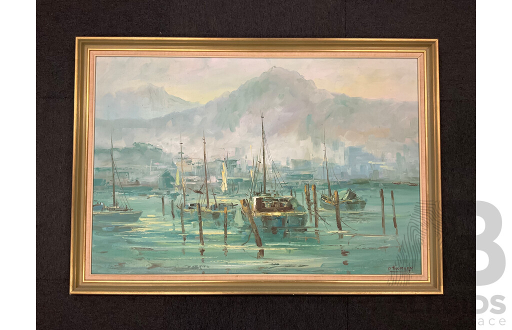P. Thomsen, "Harbour" , Oil on Canvas on Board, 70 X 100 Cm (frame)