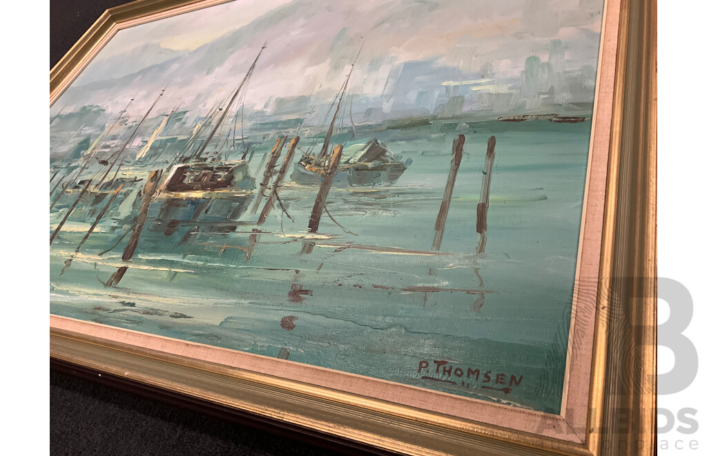 P. Thomsen, "Harbour" , Oil on Canvas on Board, 70 X 100 Cm (frame)