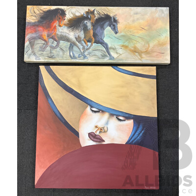 Unknow Artist, Acrylic on Canvas, 61 X 61 Cm (frame) and  30 X 76 Cm (frame) - Lot of 2