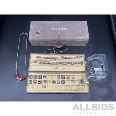 PANDORA Sterling Silver Collection - 2x Bracelet, 2x Necklace,  60x Charm and Storage Box - Lot of 65