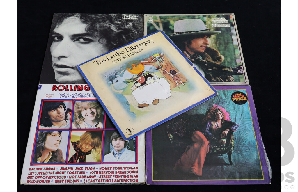 Collection Five Vintage Vinyl LP Records Comprising Rolling Stones, Janis Joplin, Cat Stevens, Two Bob Dylan Titles