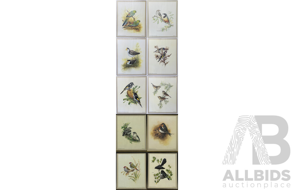 Deidre Lynette Hunt, (20th Century, Australian, 1939-), WIllie Wagtail, Welcome Swallow & More, Collection of Framed and Unframed Colour Prints of Original Watercolours, 32 x 26 cm (frames) (4) and 30 x 25 cm (unframed) (6)