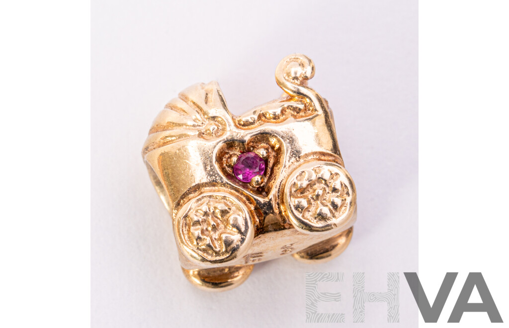 Pandora Authentic 14ct Baby Carriage Bead Charm with Pink Sapphire, Retired 750409PSA, 4.54 Grams