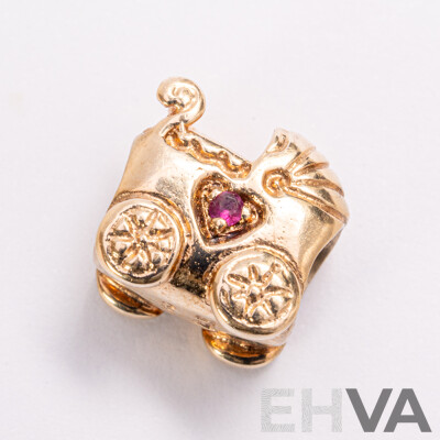 Pandora Authentic 14ct Baby Carriage Bead Charm with Pink Sapphire, Retired 750409PSA, 4.54 Grams
