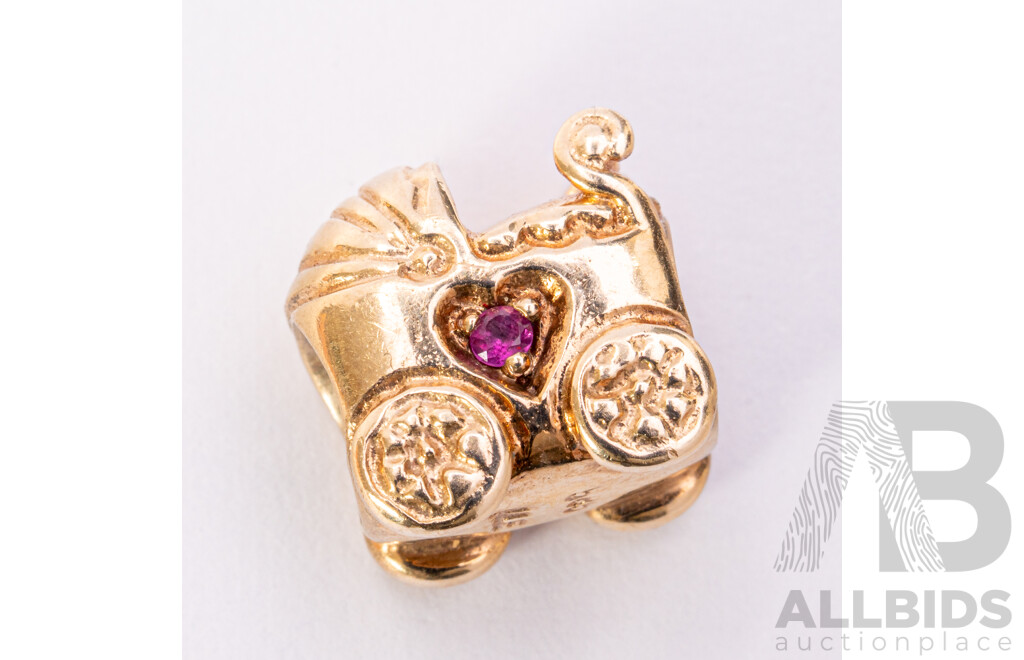 Pandora Authentic 14ct Baby Carriage Bead Charm with Pink Sapphire, Retired 750409PSA, 4.54 Grams