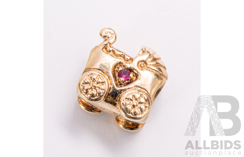 Pandora Authentic 14ct Baby Carriage Bead Charm with Pink Sapphire, Retired 750409PSA, 4.54 Grams
