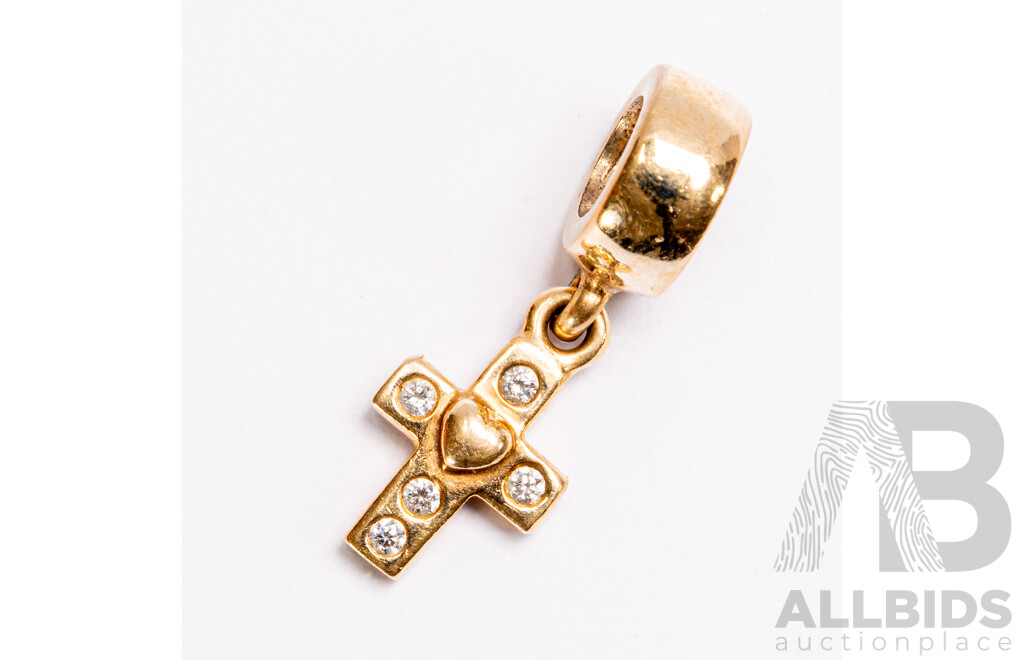 Pandora Authentic 14ct Cross with Diamonds Drop Charm, Retired 750356D, TDW 0.05ct, 2.41 Grams
