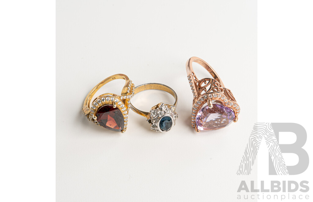 Sterling Silver CZ Cocktail Rings (2) and Other Paste Stone Ring, All Size O, 12.21 Grams 925