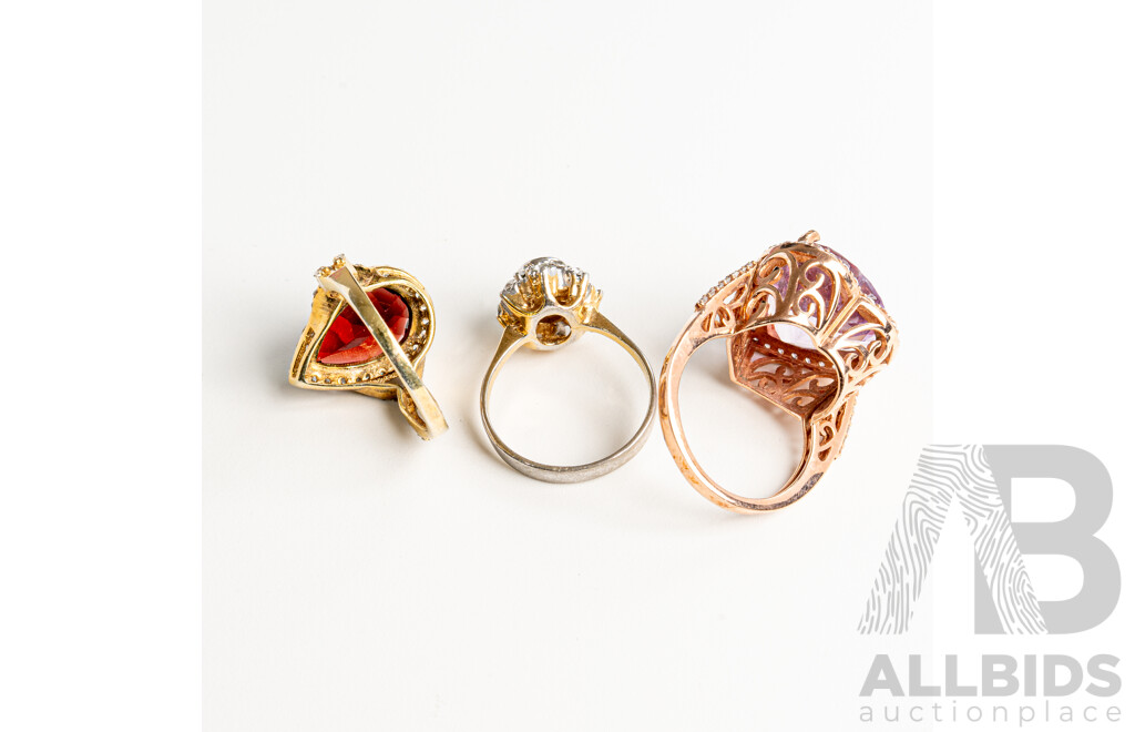 Sterling Silver CZ Cocktail Rings (2) and Other Paste Stone Ring, All Size O, 12.21 Grams 925