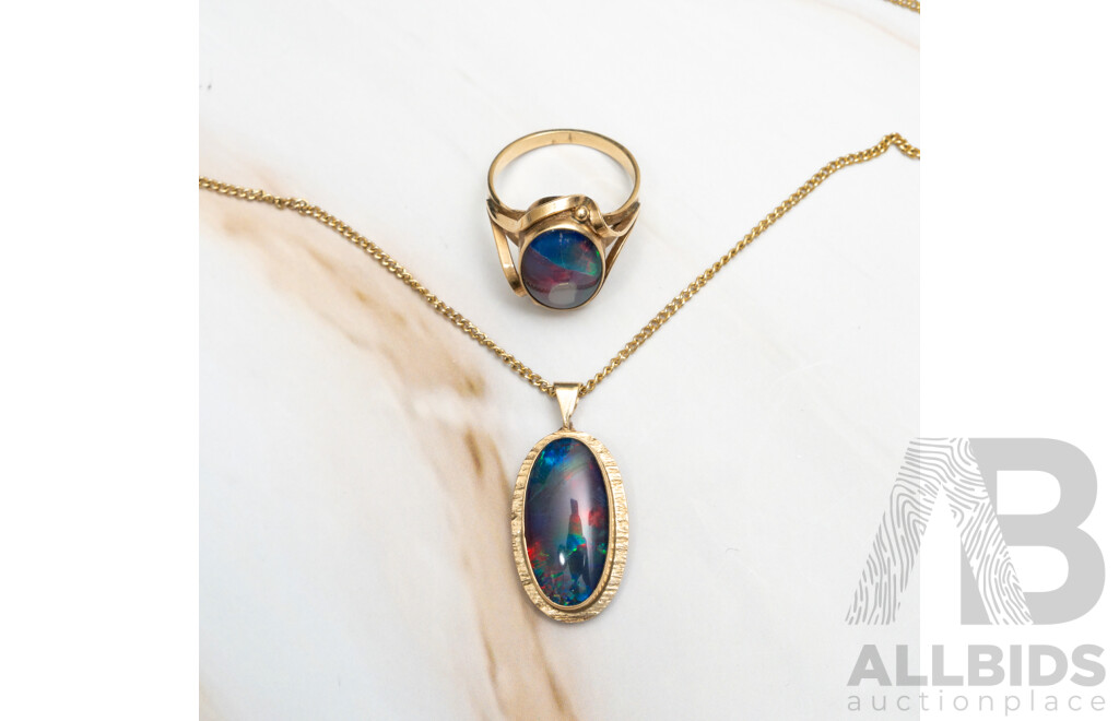 10ct Vintage Opal Triplet Ring, Size M & 10ct Vintage Opal Triplet Pendant, 6.16 Grams