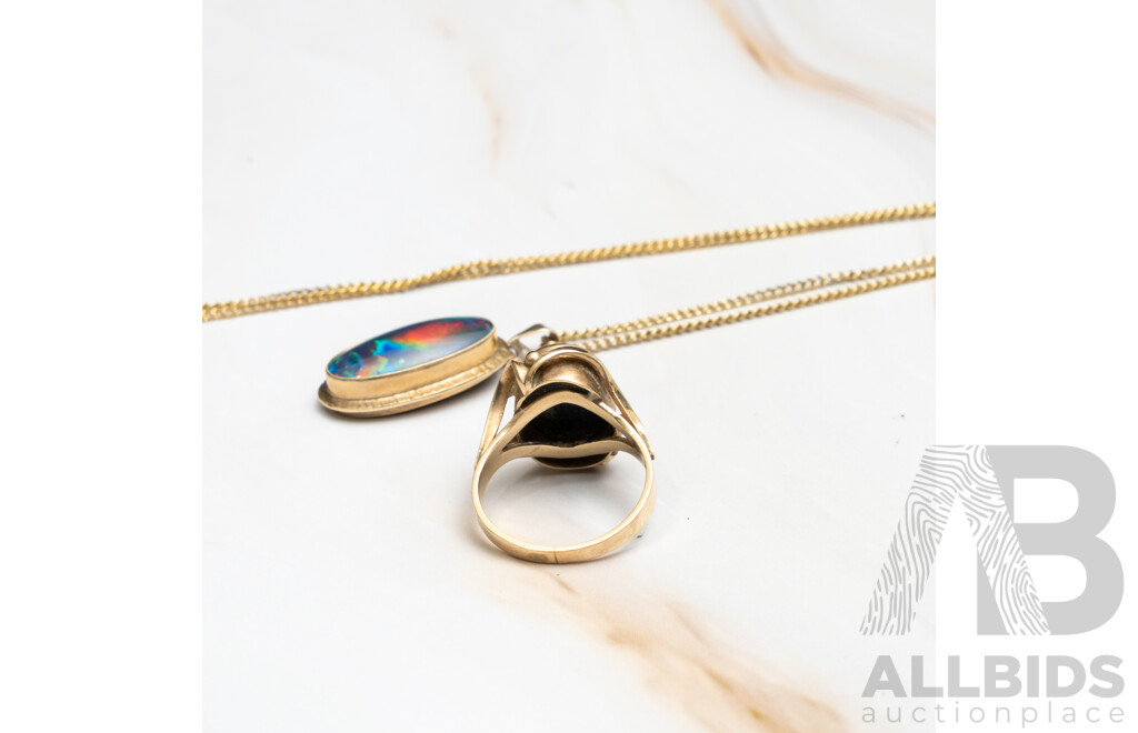 10ct Vintage Opal Triplet Ring, Size M & 10ct Vintage Opal Triplet Pendant, 6.16 Grams