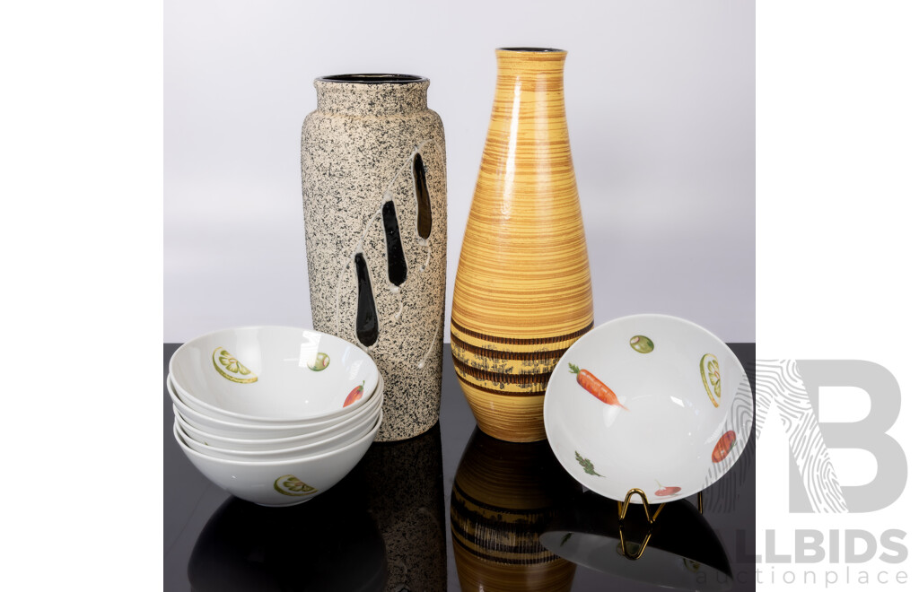 Set Six Mid Century German Furstenberg Side Bowls, Vase by Doris & Another Mid Century Vase Example