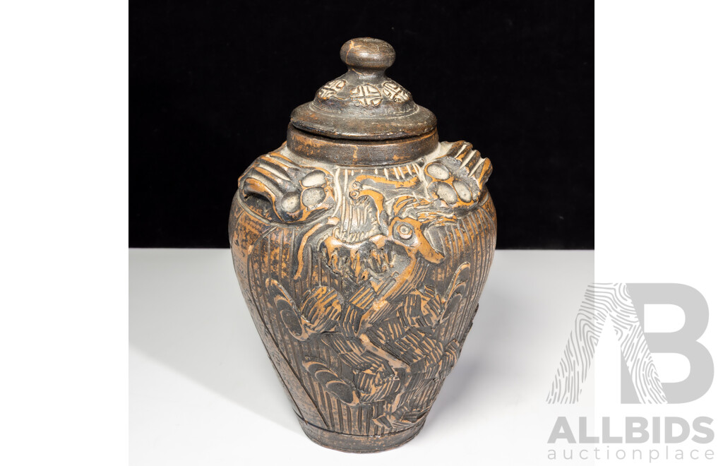 Antique Japanese Ceramic Lidded Jar with Applied Decoration